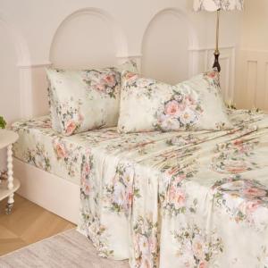 Huborise Silky Floral Bed Sheets Full Size Cream 100% Cotton Blush Pink Rose Printed Sheet Set, Satin Weave Cooling Sheets for Hot Sleepers, Soft Luxury Shabby Vintage Deep Pocket Fitted Sheets 4Pcs