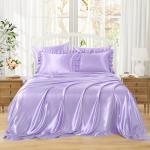 Homiest Ruffled Satin Sheets Full Size 6pc Set - Lavender Purple Bed Sheet Set with 15 Inch Deep Pocket Fitted Sheet, 1 Flat Sheet, 2 Ruffled Pillow Shams & 2 Pillowcases, Similar to Silk Sheets
