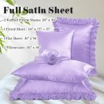 Homiest Ruffled Satin Sheets Full Size 6pc Set - Lavender Purple Bed Sheet Set with 15 Inch Deep Pocket Fitted Sheet, 1 Flat Sheet, 2 Ruffled Pillow Shams & 2 Pillowcases, Similar to Silk Sheets