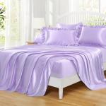 Homiest Ruffled Satin Sheets Full Size 6pc Set - Lavender Purple Bed Sheet Set with 15 Inch Deep Pocket Fitted Sheet, 1 Flat Sheet, 2 Ruffled Pillow Shams & 2 Pillowcases, Similar to Silk Sheets