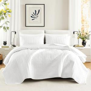 Comfort Spaces Kienna Quilt Set- Double Sided Stitching Design Summer Blanket, Lightweight, Soft, All Season Bedding Layer, Matching Sham, White, Coverlet Full/Queen(90"x90") 3 Piece