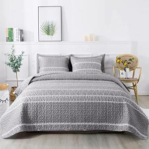 Andency Quilt King Size Set Grey (106x96 Inch), 3 Pieces(1 Striped Boho Printed Quilt and 2 Pillowcases), Bohemian Summer Lightweight Reversible Microfiber Bedspread Coverlet Sets