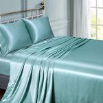 Vonty Satin Sheets Twin Silky Soft Satin Bed Sheets Aqua Sheet Set, 1 Deep Pocket Fitted Sheet + 1 Flat Sheet + 1 Pillowcases