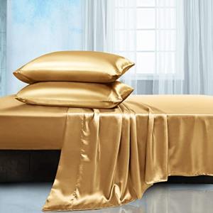 Manyshofu Satin Queen Sheets Set 4 Piece - Soft Silky Satin Sheets Set, Camel Gold Satin Bed Sheets Cooling & Luxury Bedding Sheet Set(1 Satin Fitted Sheet, 1 Satin Flat Sheet, 2 Satin Pillow Cases)