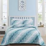 Dinjoy Summer Coastal Quilt Set King Size, Blue Green Ocean Beach Themed Bedding Set Seawave Seashell Conch Starfish Microfiber Lightweight Bedspread Coverlet Bed Set All Season (104x90 Inch)