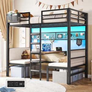 DICTAC Twin Over twin Bunk Bed with Led Lights and Charging Station Convertible Metal Twin Loft Bed with Desk and Seat bunk bed with Desk & Stair for Teen,Safety Guardrails,Black(Cushion not Included)