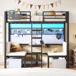 DICTAC Twin Over twin Bunk Bed with Led Lights and Charging Station Convertible Metal Twin Loft Bed with Desk and Seat bunk bed with Desk & Stair for Teen,Safety Guardrails,Black(Cushion not Included)