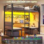DICTAC Twin Over twin Bunk Bed with Led Lights and Charging Station Convertible Metal Twin Loft Bed with Desk and Seat bunk bed with Desk & Stair for Teen,Safety Guardrails,Black(Cushion not Included)