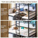 DICTAC Twin Over twin Bunk Bed with Led Lights and Charging Station Convertible Metal Twin Loft Bed with Desk and Seat bunk bed with Desk & Stair for Teen,Safety Guardrails,Black(Cushion not Included)