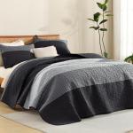 Litanika Quilt King Size Black, Grey and White, Gray Stripe Patchwork Summer Bedspread Coverlet 3 Pieces, Soft Lightweight Microfiber Comforter Bedding Set for All Season(1 Quilt, 2 Pillowcases)