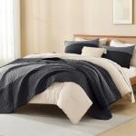 Litanika Quilt King Size Black, Grey and White, Gray Stripe Patchwork Summer Bedspread Coverlet 3 Pieces, Soft Lightweight Microfiber Comforter Bedding Set for All Season(1 Quilt, 2 Pillowcases)