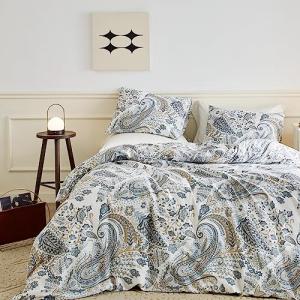 SUSYBAO Blue Paisley Duvet Cover King 100% Cotton Vintage Floral Duvet Cover 3 Pcs Set 1 Boho Brown Flower Duvet Cover with Zipper Ties 2 Pillowcases Luxury Retro Bohemian Bedding Set Soft Comfy