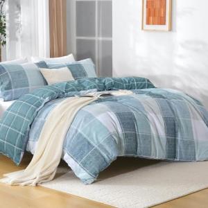 MUXHOMO Duvet Cover Queen Size, 3 Pieces Plaid Duvet Cover Set, Reversible Blue White Bedding Set with Dual-Zipper & 8 Corner Ties (90"x90", 2 Pillowcases)