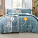 MUXHOMO Duvet Cover Queen Size, 3 Pieces Plaid Duvet Cover Set, Reversible Blue White Bedding Set with Dual-Zipper & 8 Corner Ties (90"x90", 2 Pillowcases)
