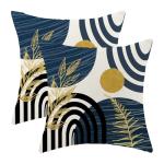 Mid Century Pillow Covers 18x18 Set of Boho Navy Blue Gold Leaf Art Line Throw Pillow Covers Outdoor, Abstract Modern Bohemian Style Decor Farmhouse Linen Decorative Cushion Cover for Home Sofa