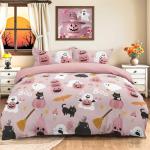 Halloween Duvet Cover Set Queen Pink Pumpkin Ghost Witches Cat Festival Themed Bedding Set with 2 Pillowcases, Halloweeen Bedding Decoration Cute Duvet Cover for Grils Teens (3 Pieces, 90''x90'')