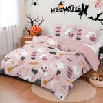 Halloween Duvet Cover Set Queen Pink Pumpkin Ghost Witches Cat Festival Themed Bedding Set with 2 Pillowcases, Halloweeen Bedding Decoration Cute Duvet Cover for Grils Teens (3 Pieces, 90''x90'')