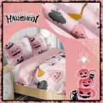 Halloween Duvet Cover Set Queen Pink Pumpkin Ghost Witches Cat Festival Themed Bedding Set with 2 Pillowcases, Halloweeen Bedding Decoration Cute Duvet Cover for Grils Teens (3 Pieces, 90''x90'')