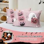 Halloween Duvet Cover Set Queen Pink Pumpkin Ghost Witches Cat Festival Themed Bedding Set with 2 Pillowcases, Halloweeen Bedding Decoration Cute Duvet Cover for Grils Teens (3 Pieces, 90''x90'')