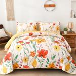 Anibedding Quilt Set Queen Size, Yellow Floral Reversible Bedspread Soft Microfiber Lightweight Queen Size Quilt Bedding Sets Reversible Coverlet for All Season(Queen, 96"x90")