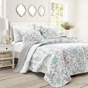 Lush Decor Aprile Soft Reversible Floral Quilt Set, 3 Piece Set, King, Blue & Gray - Beautiful Floral Bedding Set - King Quilt - Spring Decor - Cottage & Farmhouse Bedroom Decor