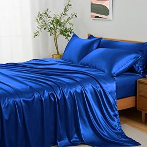 Entisn 5Pcs Silky Satin Sheets Set, Full Size Satin Bed Sheets Set, Royal Blue Luxury Bedding Sets, Breathable & Ultra Soft Sheets Set Includes 1 Fitted Sheet, 1 Flat Sheet, 3 Pillowcases