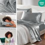 Madison Park Satin Sheets Split King Size, Luxurious Silky Bed Sheets, Elastic 14" Pocket fits up to 16" Mattress, Wrinkle-Free, Soft Satin Bed Sheet Set, Grey 7 Piece