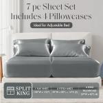 Madison Park Satin Sheets Split King Size, Luxurious Silky Bed Sheets, Elastic 14" Pocket fits up to 16" Mattress, Wrinkle-Free, Soft Satin Bed Sheet Set, Grey 7 Piece