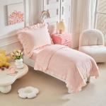 Ruffled Lace Toddler Bedding Set with Ruffle Fringe, Solid Color 4 Pieces Toddler Bed Set - 1 Cute Baby Comforter + 1 Fitted Sheet +1 Flat Sheet +1 Pillowcase for Baby Boys and Girls Light Pink