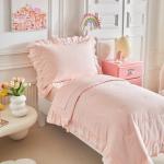 Ruffled Lace Toddler Bedding Set with Ruffle Fringe, Solid Color 4 Pieces Toddler Bed Set - 1 Cute Baby Comforter + 1 Fitted Sheet +1 Flat Sheet +1 Pillowcase for Baby Boys and Girls Light Pink