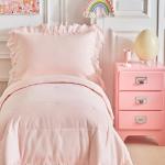Ruffled Lace Toddler Bedding Set with Ruffle Fringe, Solid Color 4 Pieces Toddler Bed Set - 1 Cute Baby Comforter + 1 Fitted Sheet +1 Flat Sheet +1 Pillowcase for Baby Boys and Girls Light Pink