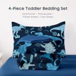 Wake In Cloud - Dinosaur Toddler Bedding Set for Boys, Jurassic Dino World Sketch, 4 Pieces Soft Crib Bed Set Including Comforter, Sheets and Pillowcase, Navy Blue