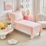 Ruffled Lace Toddler Bedding Set with Ruffle Fringe, Solid Color 4 Pieces Toddler Bed Set - 1 Cute Baby Comforter + 1 Fitted Sheet +1 Flat Sheet +1 Pillowcase for Baby Boys and Girls Light Pink