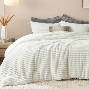 Bedsure Fluffy Comforter Set Queen - Super Soft Faux Fur Bed Set Cream White, All Seasons Warm Plush Fleece Bedding, 3 Pieces, 1 Shaggy Fuzzy Queen Size Comforter with 2 Pillowcases
