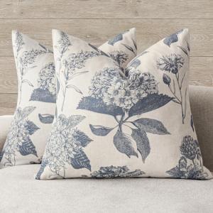 Foindtower Set of 2 Linen Floral Vintage Throw Pillow Covers Neutral Accent Print Decorative Cushion Covers Farmhouse Boho Home Decor for Sofa Chair Couch Bedroom Living Room Outdoor,20×20 Inch,Blue