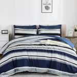 WONGS BEDDING Queen Comforter Set, 7 Pieces Blue Comforter Set Queen, Soft Striped Bed in a Bag Bedding Set with Comforter, Flat Sheet, Fitted Sheet, Pillow Shams, Pillowcase