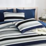 WONGS BEDDING Queen Comforter Set, 7 Pieces Blue Comforter Set Queen, Soft Striped Bed in a Bag Bedding Set with Comforter, Flat Sheet, Fitted Sheet, Pillow Shams, Pillowcase