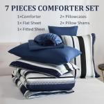 WONGS BEDDING Queen Comforter Set, 7 Pieces Blue Comforter Set Queen, Soft Striped Bed in a Bag Bedding Set with Comforter, Flat Sheet, Fitted Sheet, Pillow Shams, Pillowcase