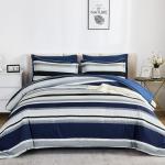 WONGS BEDDING Queen Comforter Set, 7 Pieces Blue Comforter Set Queen, Soft Striped Bed in a Bag Bedding Set with Comforter, Flat Sheet, Fitted Sheet, Pillow Shams, Pillowcase