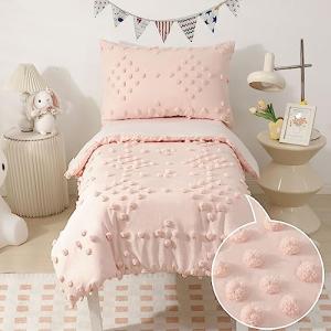 Toddler Bedding Set for Girls 4-Piece Pink Jacquard Pom Pom Tufts Bohemian Boho Tufted Dots Crib Toddler Comforter Set for Baby Kids Bed-in-a-Bag with Comforter, Flat Sheet, Fitted Sheet, Pillowcase