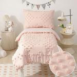 Toddler Bedding Set for Girls 4-Piece Pink Jacquard Pom Pom Tufts Bohemian Boho Tufted Dots Crib Toddler Comforter Set for Baby Kids Bed-in-a-Bag with Comforter, Flat Sheet, Fitted Sheet, Pillowcase