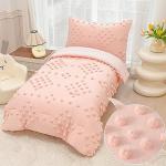 Toddler Bedding Set for Girls 4-Piece Pink Jacquard Pom Pom Tufts Bohemian Boho Tufted Dots Crib Toddler Comforter Set for Baby Kids Bed-in-a-Bag with Comforter, Flat Sheet, Fitted Sheet, Pillowcase