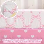 Hahafelt 3 Pcs Baby Girls Crib Bedding Set Coquette Pink Bow Baby Bedding Set for Girls Coquettish Pink Heart Bow Infant Nursery Includes Quilt, Fitted Crib Sheet and Skirt