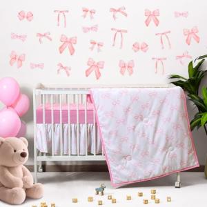 Pink Bow Crib Bedding Set with Wall Stickers