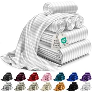 Striped White Satin King Size Bed Sheet Set
