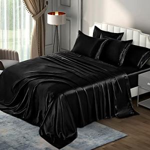 Black Satin King Bed Sheet Set (6 Pieces)