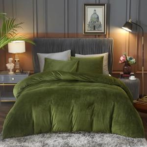Olive Green Velvet Flannel King Duvet Cover Set