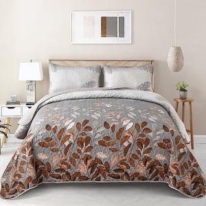 Brown Floral Queen Quilt Set - 3 Pieces