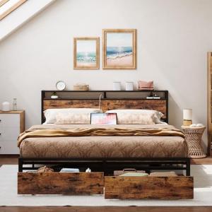 California King Bed Frame with Storage and Charging
