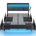 Full Size Bed Frame with Charging Station and LED